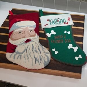 1992 Needlepoint Santa Stocking + Embroidered Nelson Dog Stocking